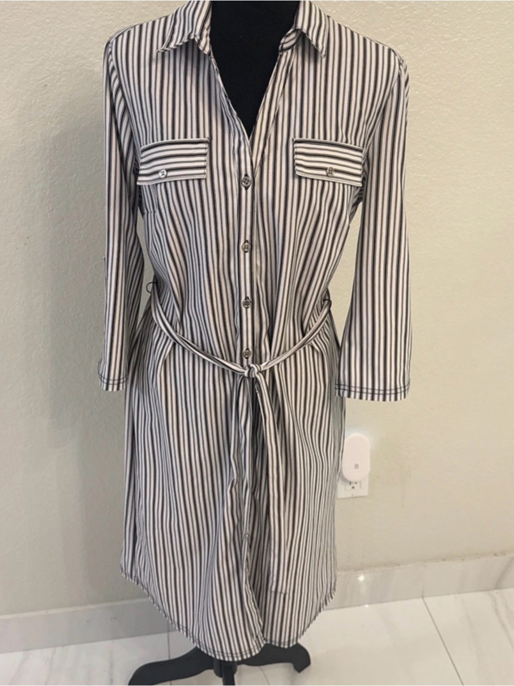 Mlle Gabrielle Black & White Striped Shirt Midi Dress with Tie Waist